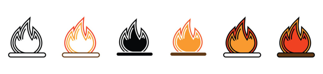 Campfire and Flame Icon Set in Outline and Flat Vector Style