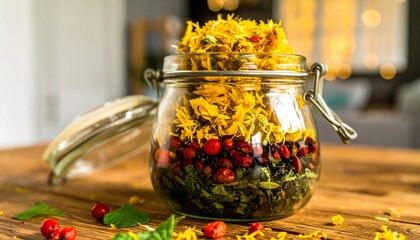 Dried herbs in a glass jar