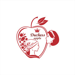 Duchess apple logo featuring two female profiles and cherries inside an apple shape