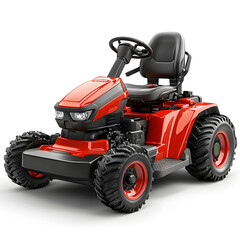 Riding lawn mower with red color, isolated on white background.
