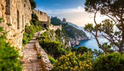 Fototapeta premium Coastal path winding through ancient walls