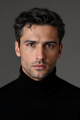 Fototapeta premium A man in a turtleneck sweater gazes directly at the camera with a neutral expression.