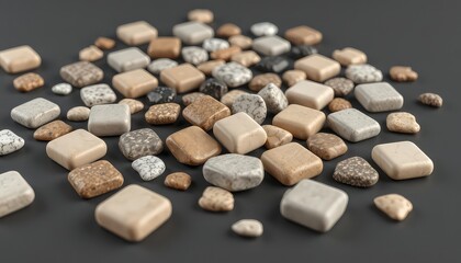 Assorted collection of smooth, rounded square stones with varying textures and neutral colors scattered on a dark background