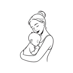 Black and white line art of a beautiful mother lovingly embracing her baby minimalist tender illustration