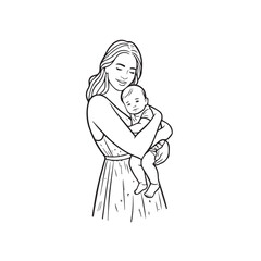 Black and white line art of a beautiful mother lovingly embracing her baby minimalist tender illustration