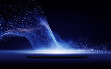 Futuristic blue digital wave with glowing particles on dark background