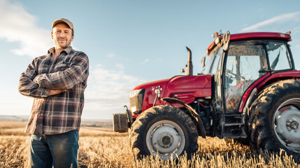 Farmer standing proudly beside red tractor in field