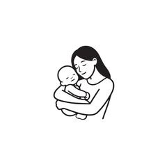 Black and white line art of a beautiful mother lovingly embracing her baby minimalist tender illustration