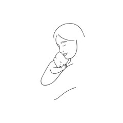 Black and white line art of a beautiful mother lovingly embracing her baby minimalist tender illustration