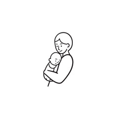 Black and white line art of a beautiful mother lovingly embracing her baby minimalist tender illustration
