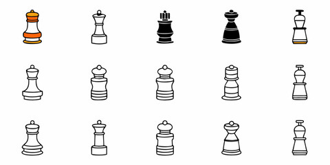 Collection of fifteen stylized chess queen pieces in varying designs and color schemes on a white background
