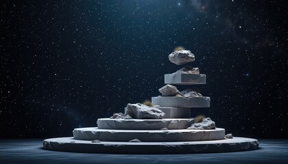 Presentation platform with floating rock formations against dark backdrop sprinkled with star like points of light