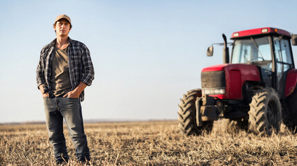 Farmer standing proudly beside red tractor in field
