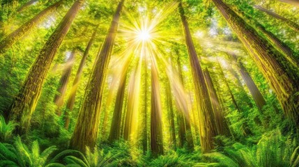 Sunbeams Illuminate Ancient Redwood Forest:  A Low-Angle Perspective of Lush Green Canopy and Moss-Covered Trunks