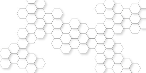 Minimalist hexagon display with round platform white hexagon pattern background, honeycomb white mosaic cell web light and shadow texture design, elegant pattern of modern hexagon tiles.