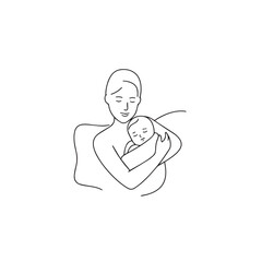 Black and white line art of a beautiful mother lovingly embracing her baby minimalist tender illustration