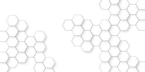 Minimalist hexagon display with round platform white hexagon pattern background, honeycomb white mosaic cell web light and shadow texture design, elegant pattern of modern hexagon tiles.