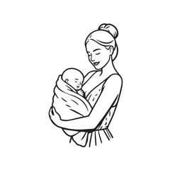 Black and white line art of a beautiful mother lovingly embracing her baby minimalist tender illustration