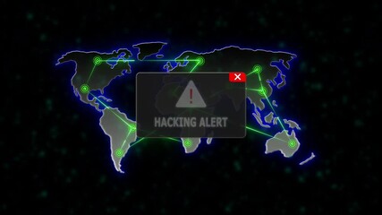 HACKING ALERT Alert Warning Message Attack on World map. radio waves Network Seamless loop Motion Background. UI Elements HUD, Digital global world map and technology concept. - Powered by Adobe