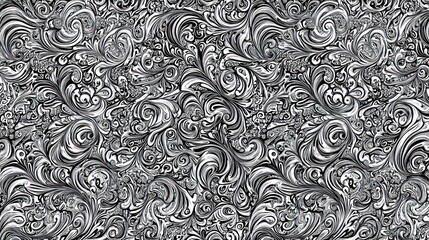 Intricate Black and White Swirls: A Dense Abstract Pattern of Floral Elements
