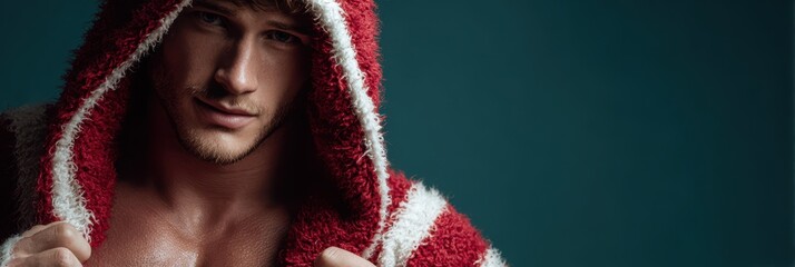 Male boxer wearing a red and white hoodie posing against a dark blue background before a match