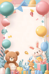 Cute pastel frame with teddy bear, bunny, balloons, and gifts, perfect for baby shower invitations, kids’ birthday cards, and nursery-themed party designs.

