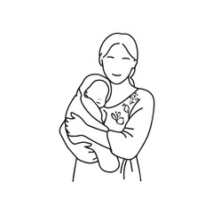 Black and white line art of a beautiful mother lovingly embracing her baby minimalist tender illustration