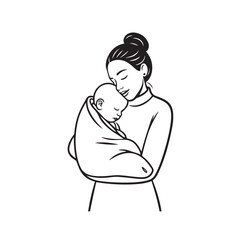 Black and white line art of a beautiful mother lovingly embracing her baby minimalist tender illustration