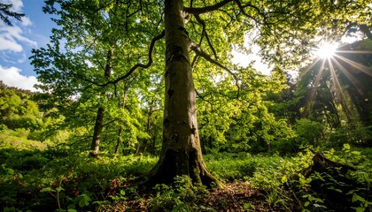Obraz premium Sunlight filtering through a lush forest