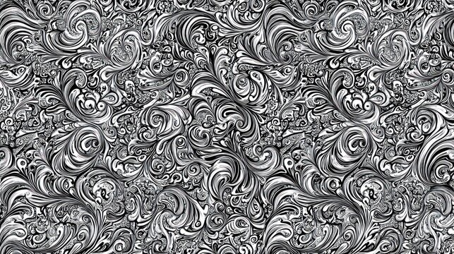 Intricate Black and White Swirls: A Dense Abstract Pattern of Floral Elements