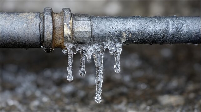 Frozen icicles hanging on gray metal pipe after winter thaw, natural background with cold water drops, sharp crystal shapes, seasonal weather change, melting ice and frozen water formation concept