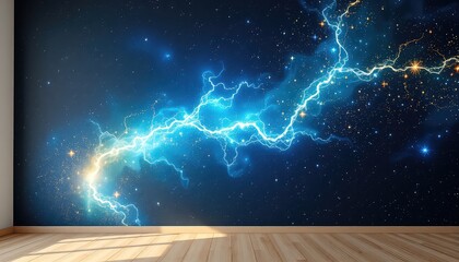 Energetic display of luminescent space phenomena with a brilliant cosmic lightning illuminating the expanse above wood flooring