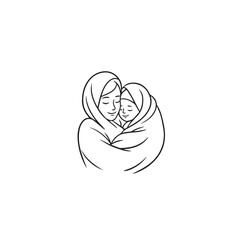 Black and white line art of a beautiful mother lovingly embracing her baby minimalist tender illustration