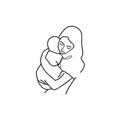 Black and white line art of a beautiful mother lovingly embracing her baby minimalist tender illustration