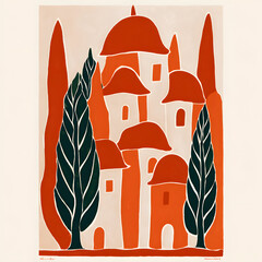 Abstract illustration of red-roofed houses with tall trees in bold orange and green tones, perfect for modern wall art and contemporary design projects.

