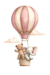Adorable teddy bear and baby elephant flying in a pink hot air balloon with clouds, perfect for nursery art, baby shower invitations, and children’s decor.
