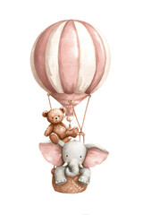 Cute baby elephant and teddy bear riding in a pink hot air balloon, perfect for nursery art, baby shower invitations, and children’s illustrations.
