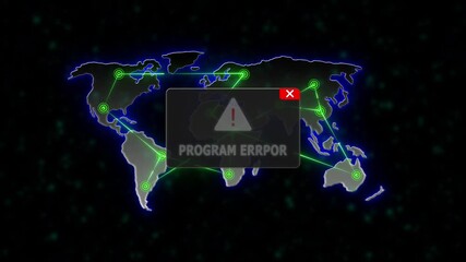 PROGRAM ERROR Alert Warning Message Attack on World map. radio waves Network Seamless loop Motion Background. UI Elements HUD, Digital global world map and technology concept. - Powered by Adobe