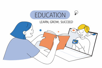 Online education and virtual learning experience with book and video call illustration