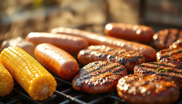 Summertime grilling of various delicious foods, including sausage, hamburgers, and corn on the cob, on an open barbecue grill