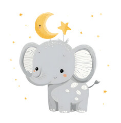 Adorable baby elephant with moon and stars, perfect for nursery art, baby shower invitations, children’s decor, and cute bedtime illustrations.
