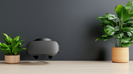 Virtual reality headset on clean desk with green plant, modern technology, minimal style, calm atmosphere
