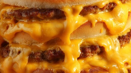 Closeup of juicy burger with lot of melting cheese dripping over grilled beef patty, fresh bun, delicious fast food meal, gourmet snack concept with tasty melted cheddar detail