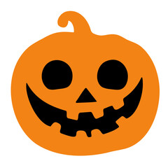 An orange halloween pumpkin with a carved face and a small stem on top isolated on white background