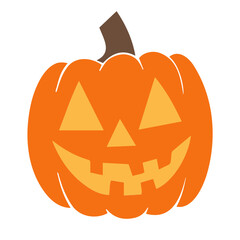 Illustration of a halloween pumpkin with a smiling face and a brown stem on a white background