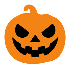 Illustration of an orange halloween pumpkin with a scary face and a small stem on a white background