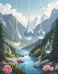 Mountain stream scene with water droplets