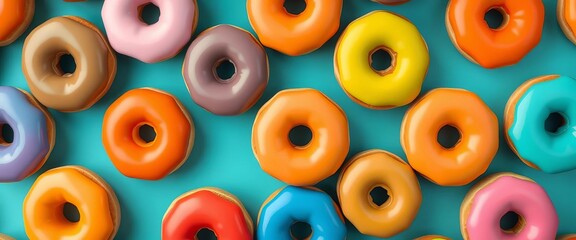 A seamless pattern of glazed doughnuts in various colors,  doughnut,   background image