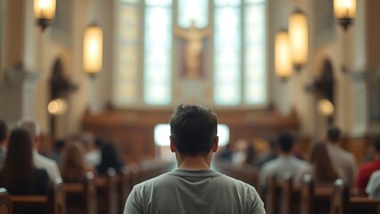 A person in deep meditation inside a softly lit church, radiating tranquility and spirituality.