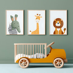 Stylish nursery interior with wooden car-shaped crib and animal wall art, perfect for baby room decor and modern children’s design inspiration.
